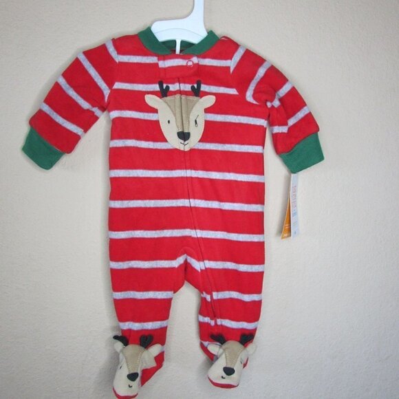 NWT Just One You by Carter's NB Fleece Reindeer Striped Footed Pajama PJ Christm - Picture 1 of 1